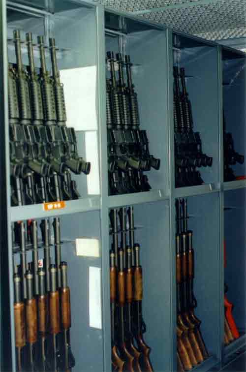 Rifles (long guns) on speciality racks are dreat in police evidence storage. combine them on high density shelving for even more space efficiency!
